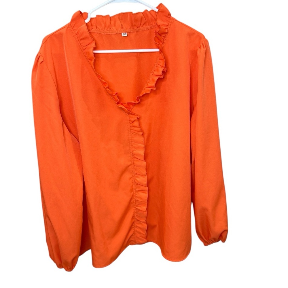Women’s 3XL Plus Size Ruffled detail V-neck Longsleeve orange Blouse Lightweight